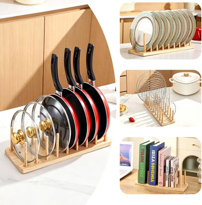 Pot Lid Organizer, Sturdy Plastic Pan Lid Organizer Rack, 8 Adjustable Compartments - For Cabinet and Countertop, Pot Lids, Pans, Plates, Bowls, Cups, Cutting Boards and Books