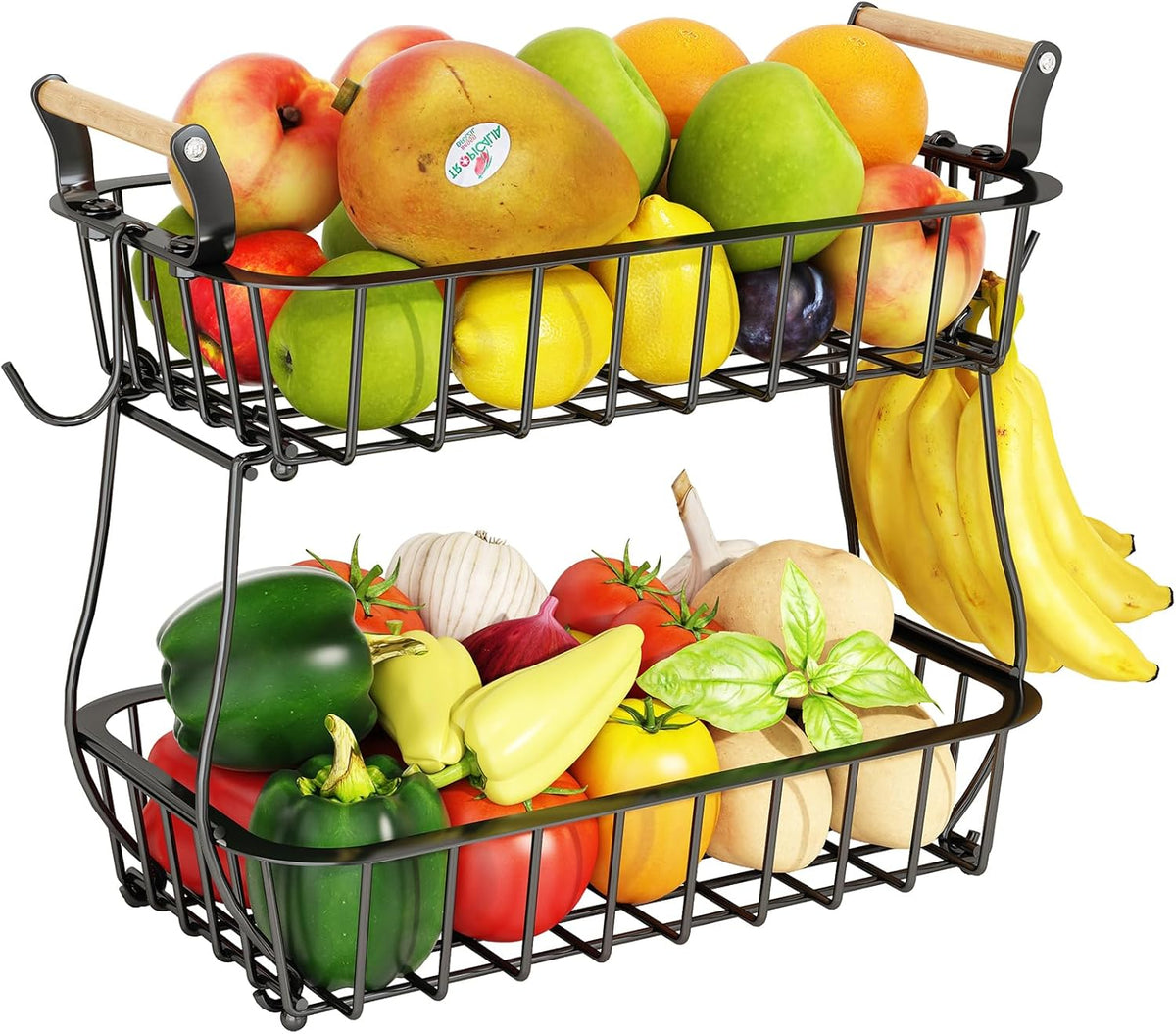 2 Tier Fruit Basket with 2 Banana Hangers, Countertop Fruit Vegetable Basket Bowl for Kitchen Counter Metal Wire Fruits Storage Stand Holder Organizer for Bread Snack Veggies Produce