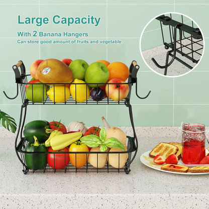 2 Tier Fruit Basket with 2 Banana Hangers, Countertop Fruit Vegetable Basket Bowl for Kitchen Counter Metal Wire Fruits Storage Stand Holder Organizer for Bread Snack Veggies Produce