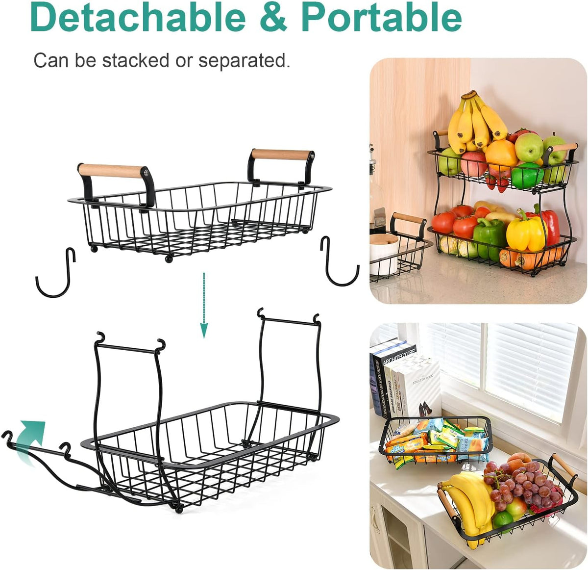 2 Tier Fruit Basket with 2 Banana Hangers, Countertop Fruit Vegetable Basket Bowl for Kitchen Counter Metal Wire Fruits Storage Stand Holder Organizer for Bread Snack Veggies Produce