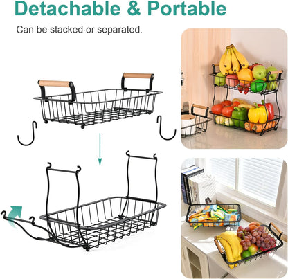 2 Tier Fruit Basket with 2 Banana Hangers, Countertop Fruit Vegetable Basket Bowl for Kitchen Counter Metal Wire Fruits Storage Stand Holder Organizer for Bread Snack Veggies Produce