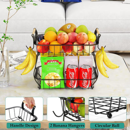 2 Tier Fruit Basket with 2 Banana Hangers, Countertop Fruit Vegetable Basket Bowl for Kitchen Counter Metal Wire Fruits Storage Stand Holder Organizer for Bread Snack Veggies Produce
