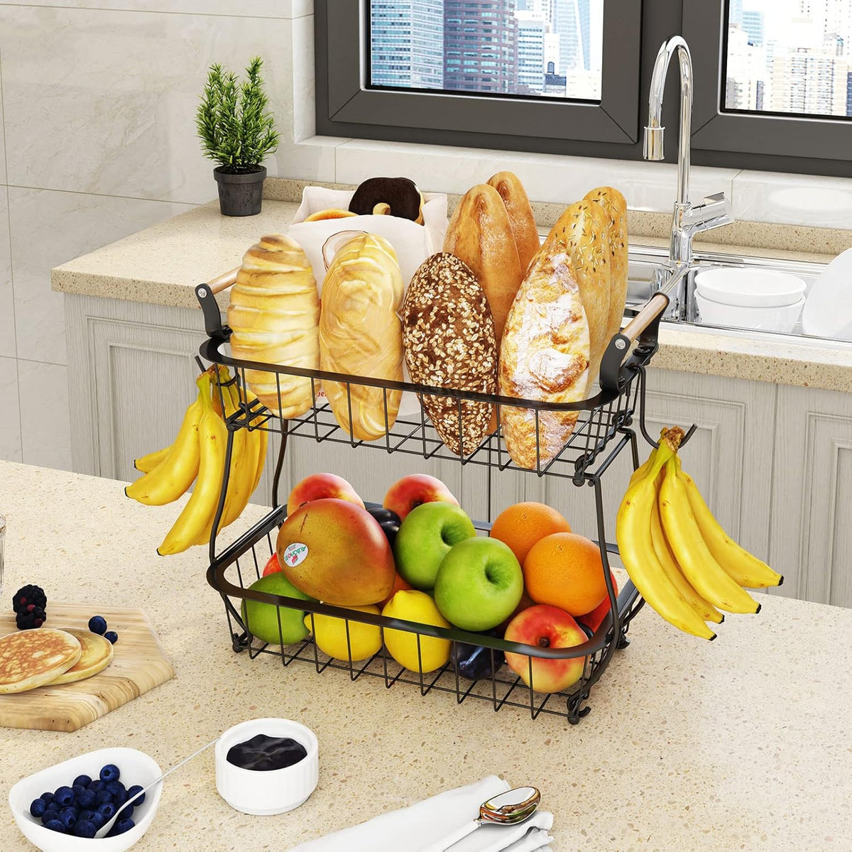 2 Tier Fruit Basket with 2 Banana Hangers, Countertop Fruit Vegetable Basket Bowl for Kitchen Counter Metal Wire Fruits Storage Stand Holder Organizer for Bread Snack Veggies Produce