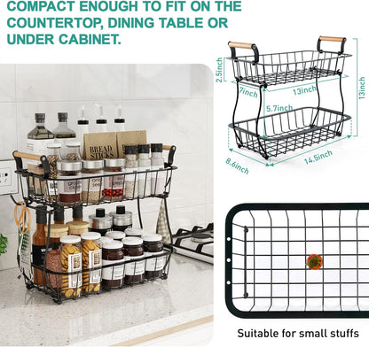 2 Tier Fruit Basket with 2 Banana Hangers, Countertop Fruit Vegetable Basket Bowl for Kitchen Counter Metal Wire Fruits Storage Stand Holder Organizer for Bread Snack Veggies Produce