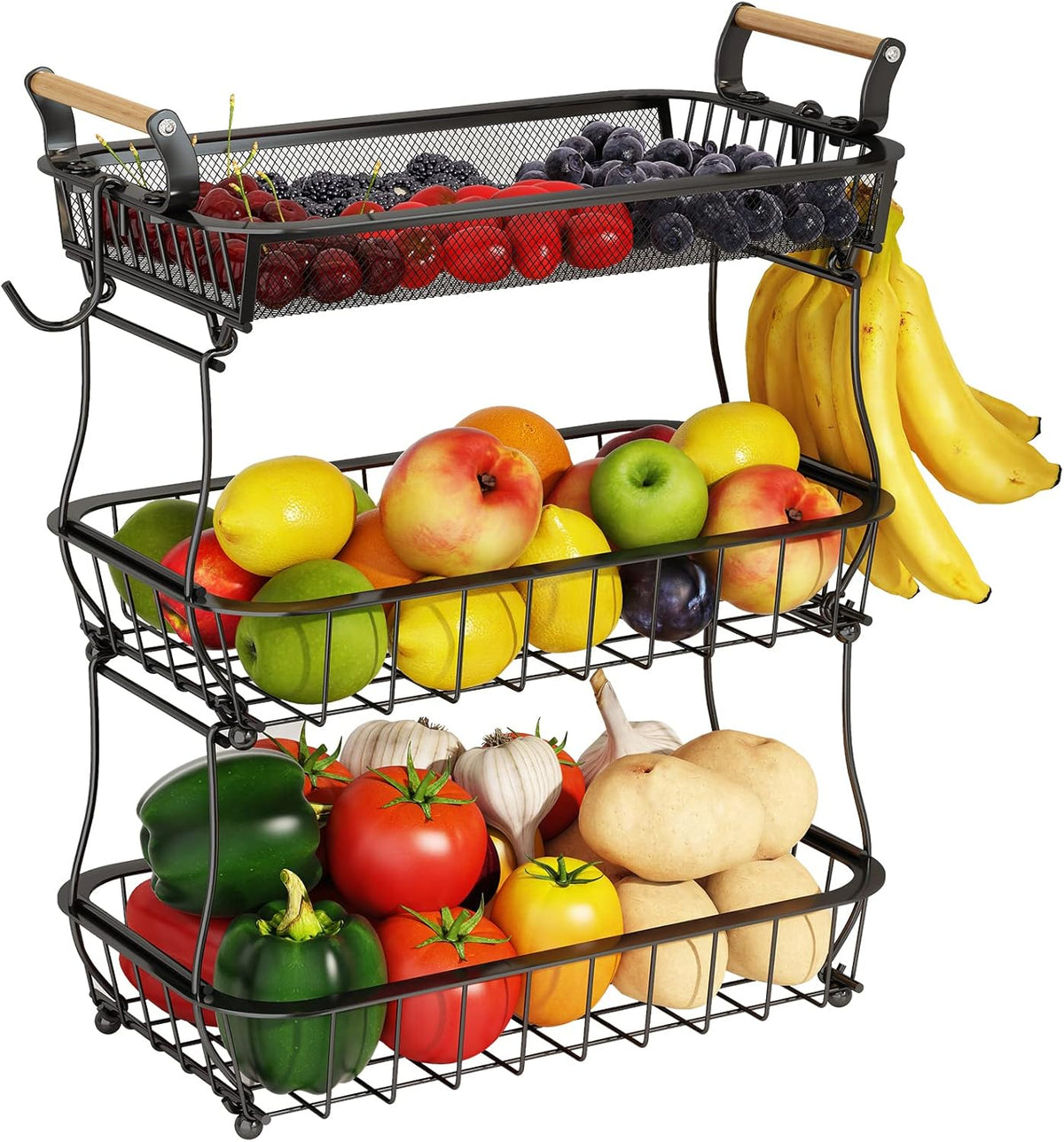 2 Tier Fruit Basket with 2 Banana Hangers, Countertop Fruit Vegetable Basket Bowl for Kitchen Counter Metal Wire Fruits Storage Stand Holder Organizer for Bread Snack Veggies Produce