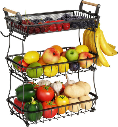 2 Tier Fruit Basket with 2 Banana Hangers, Countertop Fruit Vegetable Basket Bowl for Kitchen Counter Metal Wire Fruits Storage Stand Holder Organizer for Bread Snack Veggies Produce