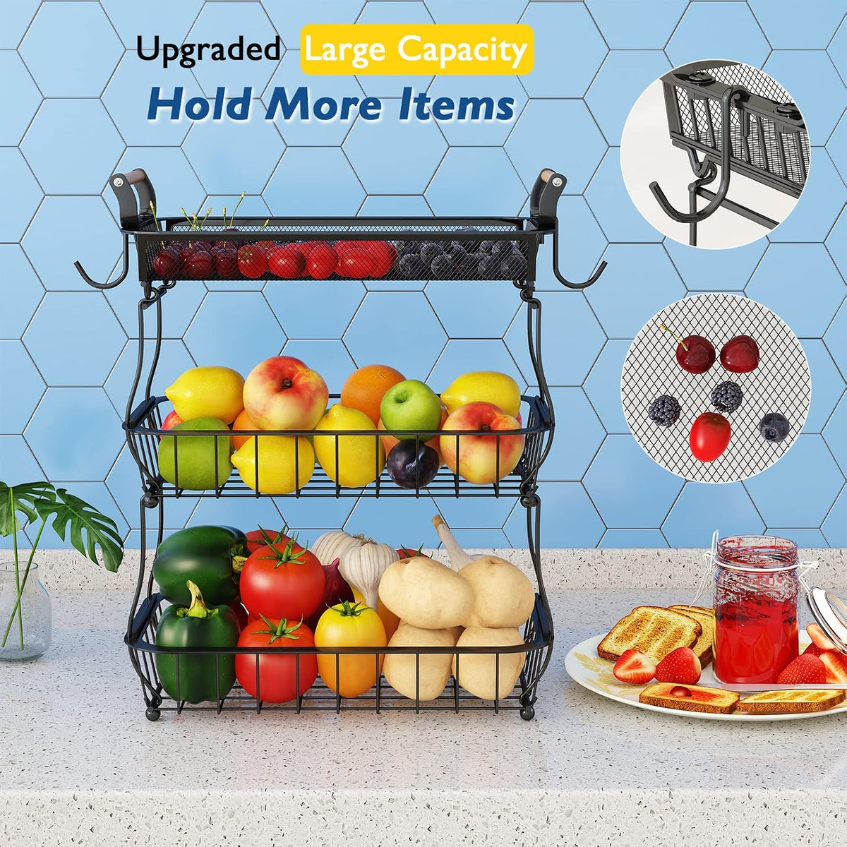 2 Tier Fruit Basket with 2 Banana Hangers, Countertop Fruit Vegetable Basket Bowl for Kitchen Counter Metal Wire Fruits Storage Stand Holder Organizer for Bread Snack Veggies Produce