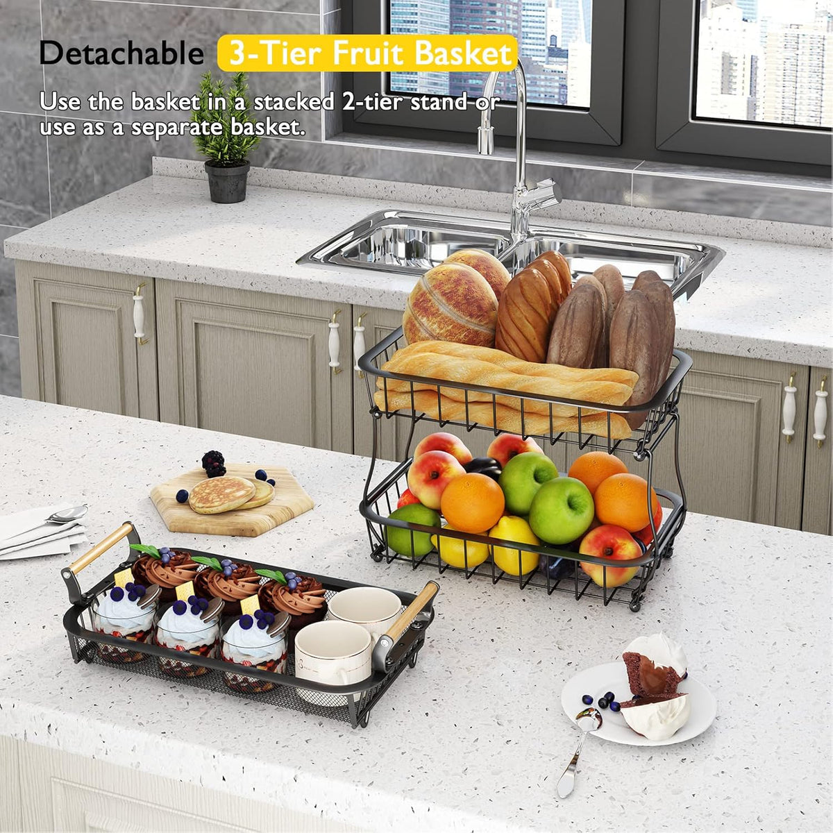 2 Tier Fruit Basket with 2 Banana Hangers, Countertop Fruit Vegetable Basket Bowl for Kitchen Counter Metal Wire Fruits Storage Stand Holder Organizer for Bread Snack Veggies Produce