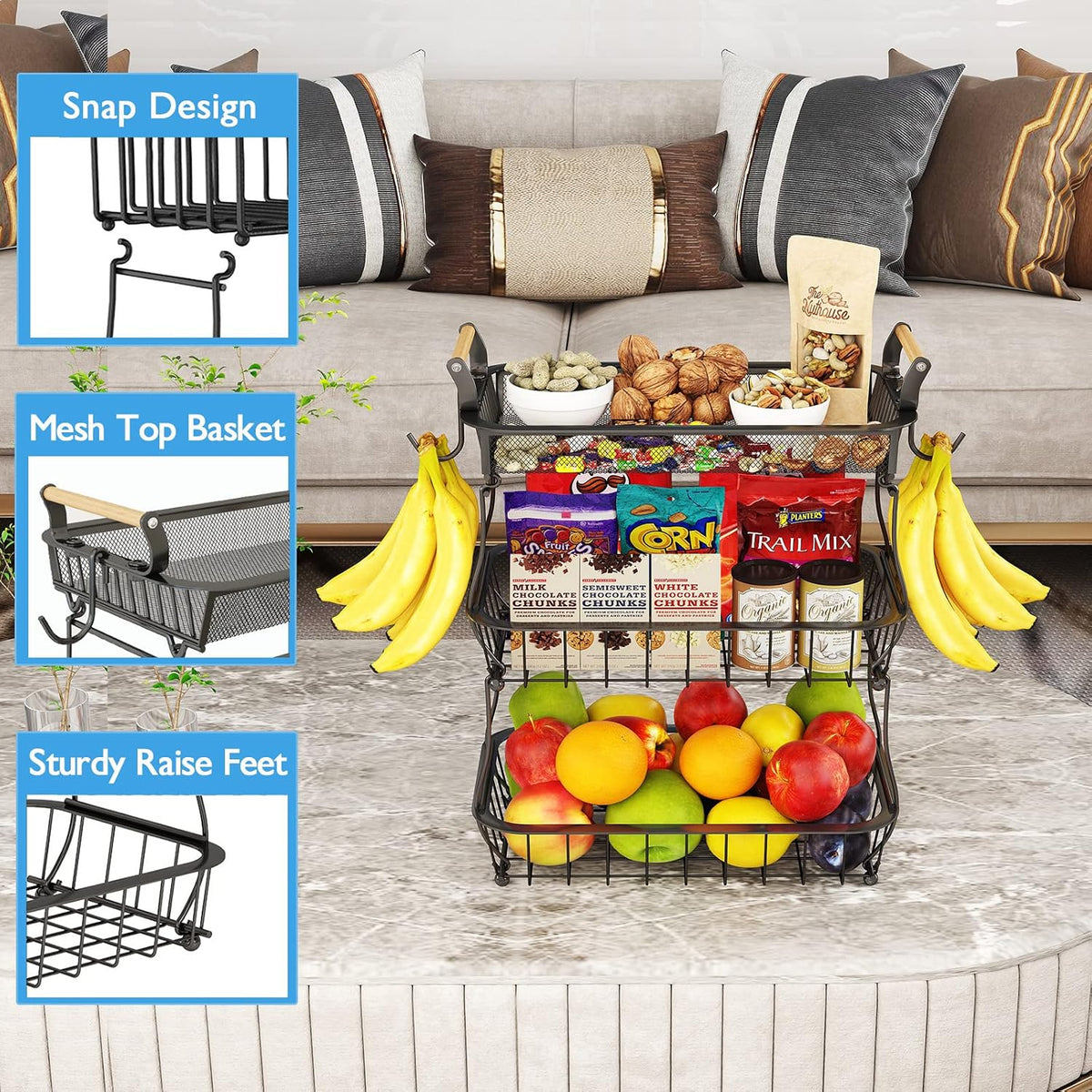 2 Tier Fruit Basket with 2 Banana Hangers, Countertop Fruit Vegetable Basket Bowl for Kitchen Counter Metal Wire Fruits Storage Stand Holder Organizer for Bread Snack Veggies Produce