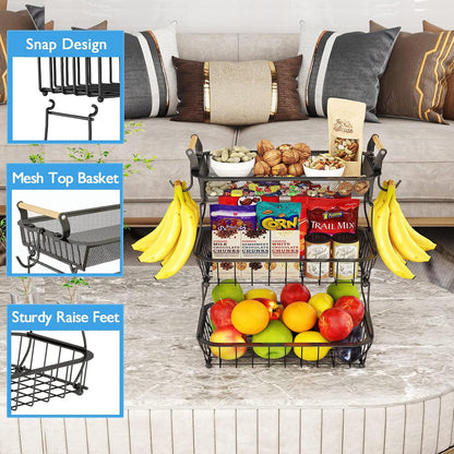 2 Tier Fruit Basket with 2 Banana Hangers, Countertop Fruit Vegetable Basket Bowl for Kitchen Counter Metal Wire Fruits Storage Stand Holder Organizer for Bread Snack Veggies Produce