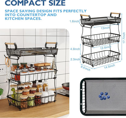 2 Tier Fruit Basket with 2 Banana Hangers, Countertop Fruit Vegetable Basket Bowl for Kitchen Counter Metal Wire Fruits Storage Stand Holder Organizer for Bread Snack Veggies Produce