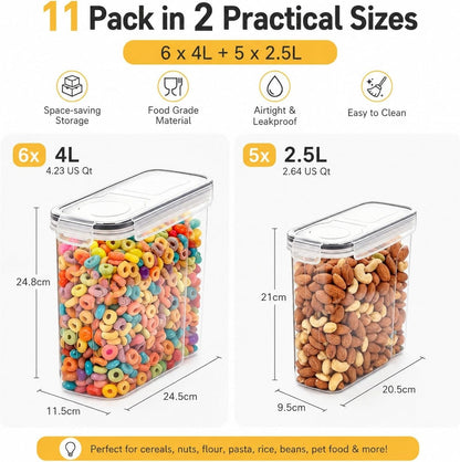 11 Pack Cereal Containers Storage Set (4L, 2.5L), Cereal Storage Containers with Pour Lids, Cereal Dispenser Pantry Organization Canister for Rice, Flour, Spaghetti, Oats,BPA Free, Leak Proof
