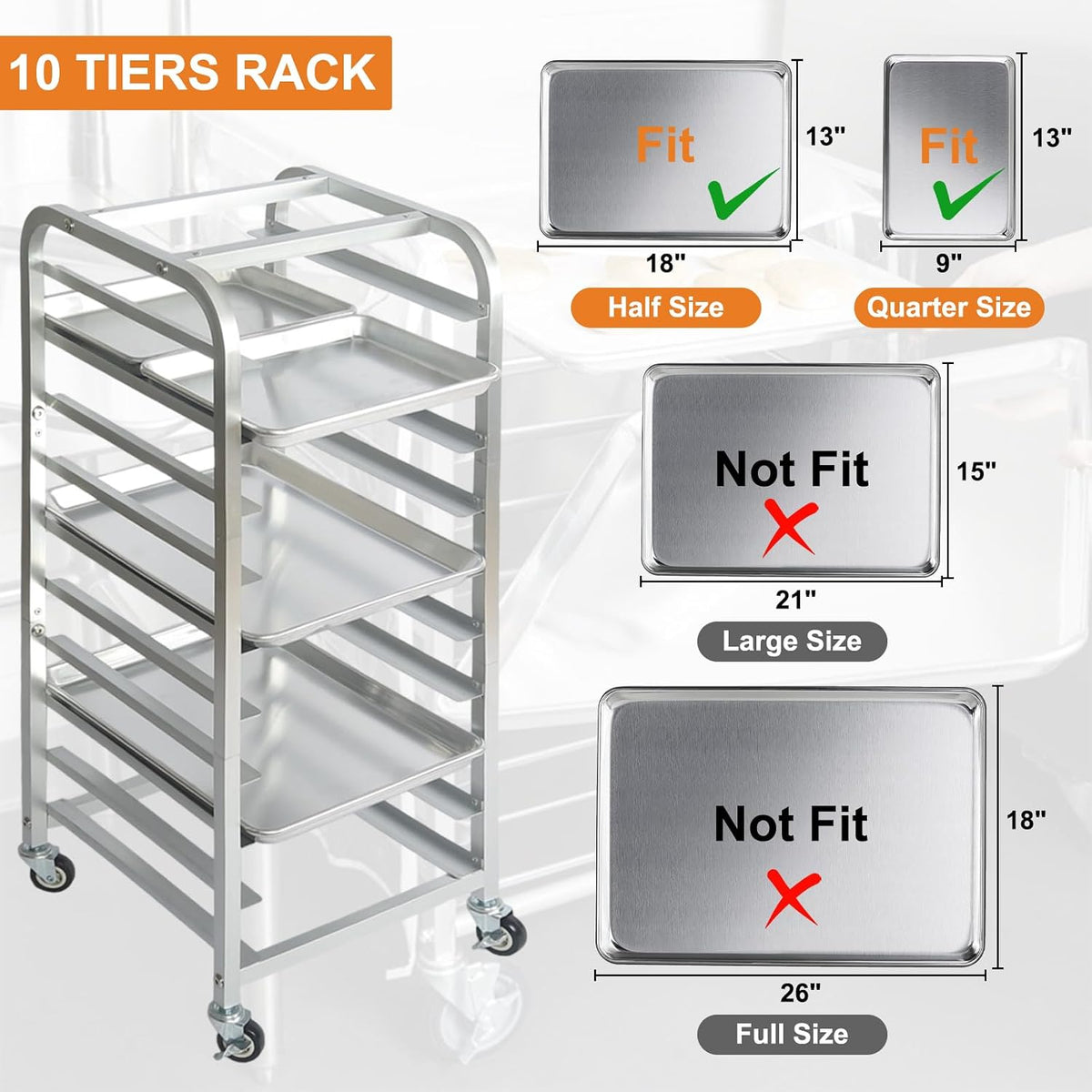 10-Tier Quarter & Half Sheet Pan Rack with Wheels for Home Use