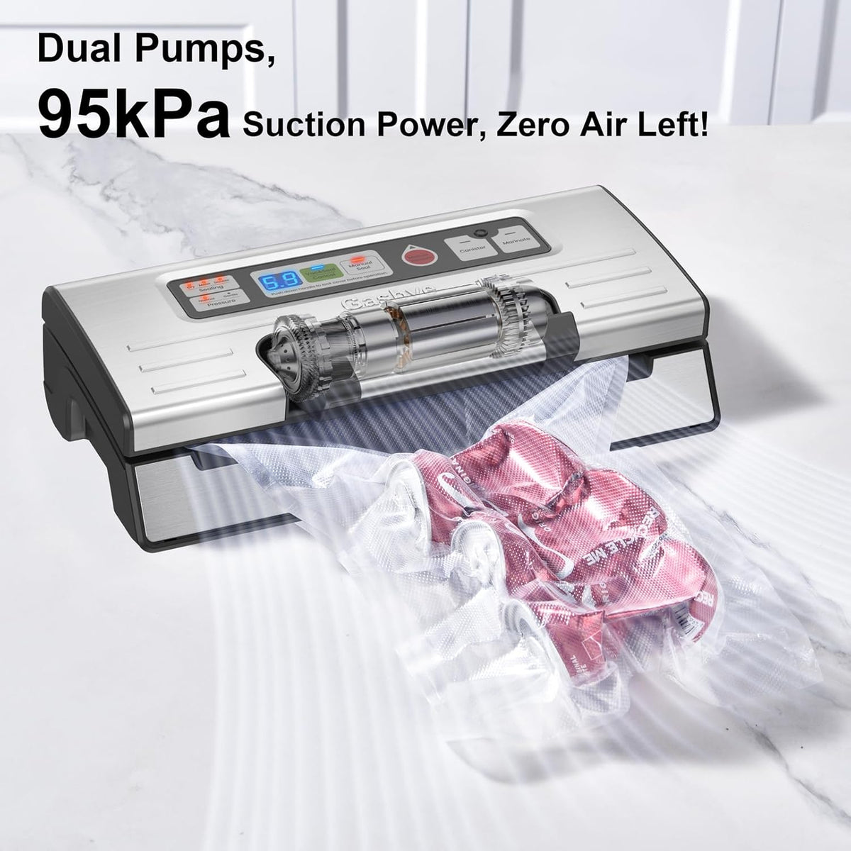 95kPa Precision Vacuum Sealer Machine, Double Heat Seal for Dry/Moist Food, Easy-Lock Handle, Built-in Bag Storage & Cutter, Progress Display, Pulse Mode, Removable Drip Tray, Silver