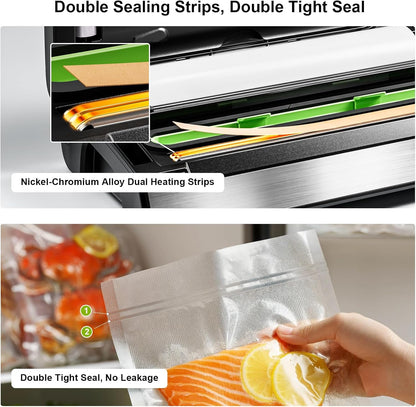 95kPa Precision Vacuum Sealer Machine, Double Heat Seal for Dry/Moist Food, Easy-Lock Handle, Built-in Bag Storage & Cutter, Progress Display, Pulse Mode, Removable Drip Tray, Silver