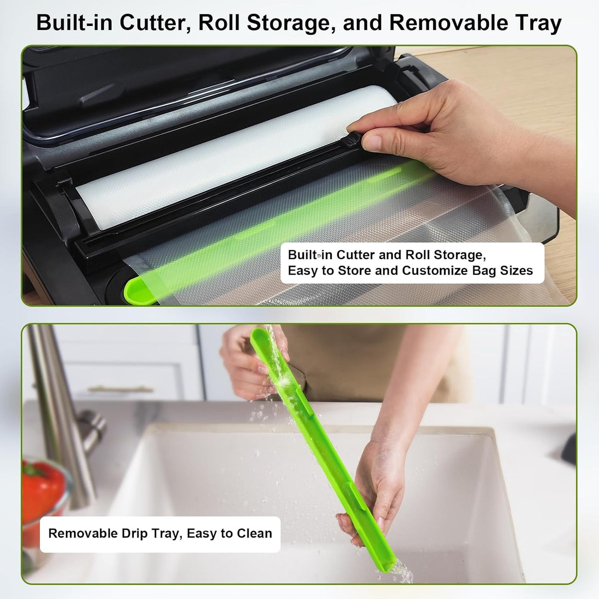 95kPa Precision Vacuum Sealer Machine, Double Heat Seal for Dry/Moist Food, Easy-Lock Handle, Built-in Bag Storage & Cutter, Progress Display, Pulse Mode, Removable Drip Tray, Silver