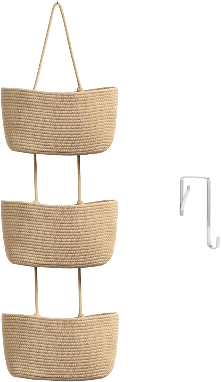 Over the Door Hanging Basket, 3-Tier Woven Cotton Wall-Mounted Storage Organizer Bag Decorative Hanging Nursery Baskets, Jute