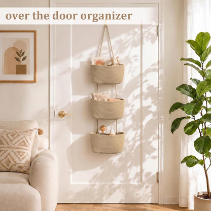 Over the Door Hanging Basket, 3-Tier Woven Cotton Wall-Mounted Storage Organizer Bag Decorative Hanging Nursery Baskets, Jute