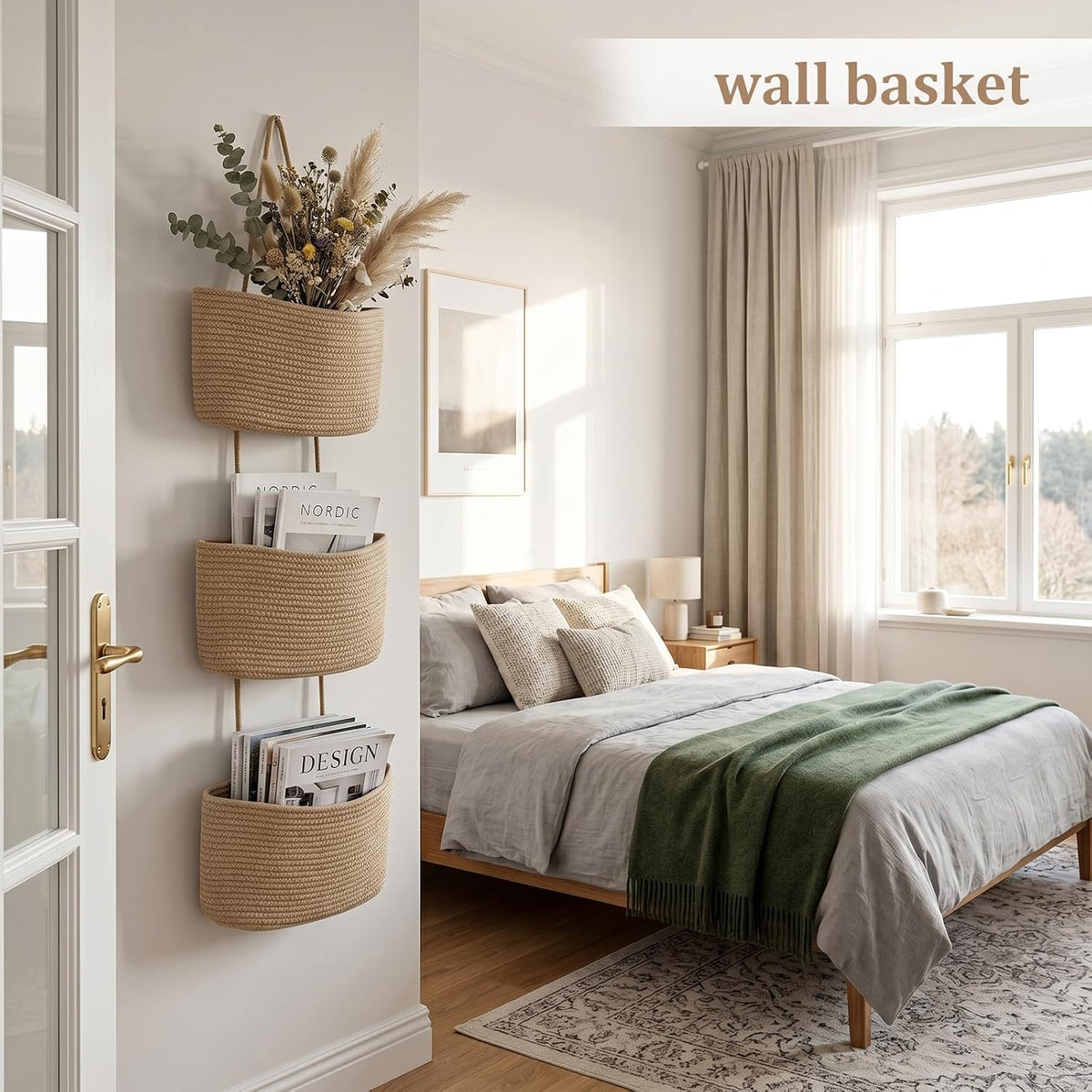 Over the Door Hanging Basket, 3-Tier Woven Cotton Wall-Mounted Storage Organizer Bag Decorative Hanging Nursery Baskets, Jute
