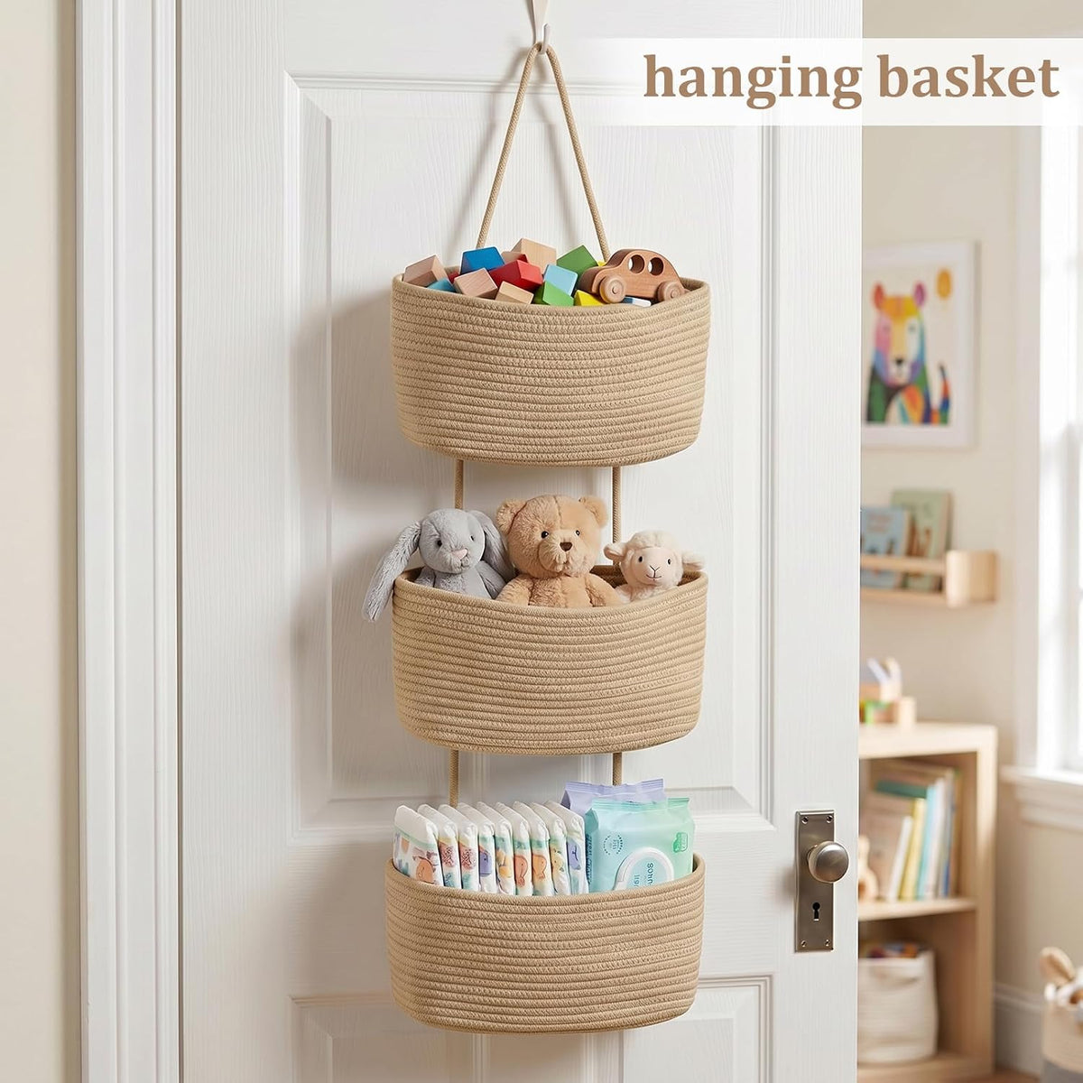 Over the Door Hanging Basket, 3-Tier Woven Cotton Wall-Mounted Storage Organizer Bag Decorative Hanging Nursery Baskets, Jute