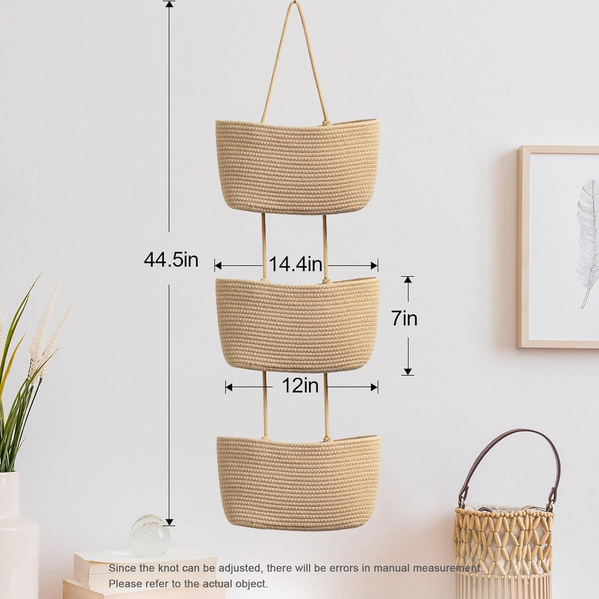 Over the Door Hanging Basket, 3-Tier Woven Cotton Wall-Mounted Storage Organizer Bag Decorative Hanging Nursery Baskets, Jute