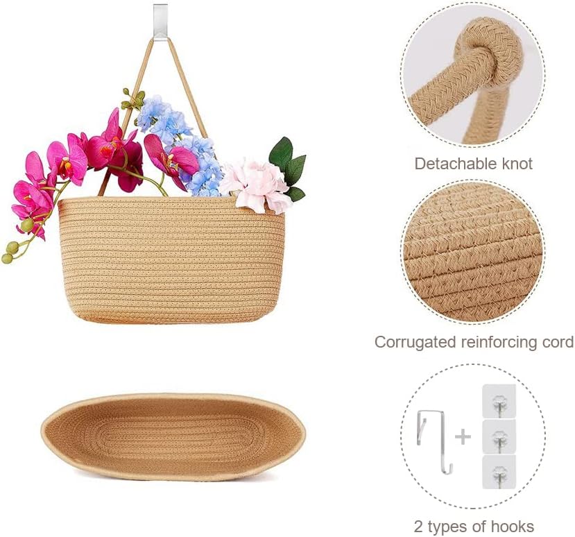 Over the Door Hanging Basket, 3-Tier Woven Cotton Wall-Mounted Storage Organizer Bag Decorative Hanging Nursery Baskets, Jute
