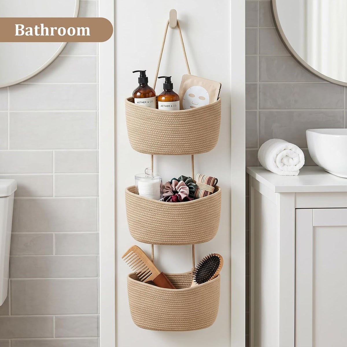 Over the Door Hanging Basket, 3-Tier Woven Cotton Wall-Mounted Storage Organizer Bag Decorative Hanging Nursery Baskets, Jute