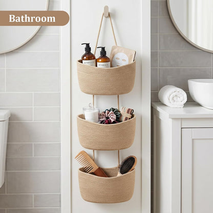 Over the Door Hanging Basket, 3-Tier Woven Cotton Wall-Mounted Storage Organizer Bag Decorative Hanging Nursery Baskets, Jute