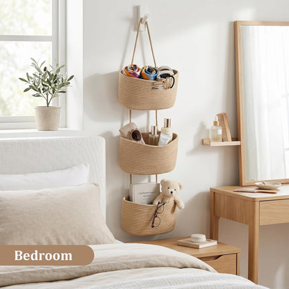 Over the Door Hanging Basket, 3-Tier Woven Cotton Wall-Mounted Storage Organizer Bag Decorative Hanging Nursery Baskets, Jute
