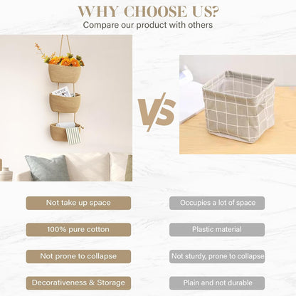 Over the Door Hanging Basket, 3-Tier Woven Cotton Wall-Mounted Storage Organizer Bag Decorative Hanging Nursery Baskets, Jute