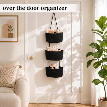 Over the Door Hanging Basket, 3-Tier Woven Cotton Wall-Mounted Storage Organizer Bag Decorative Hanging Nursery Baskets, Jute