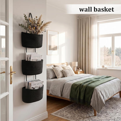 Over the Door Hanging Basket, 3-Tier Woven Cotton Wall-Mounted Storage Organizer Bag Decorative Hanging Nursery Baskets, Jute