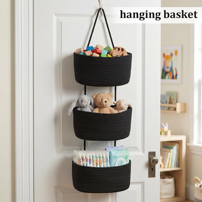 Over the Door Hanging Basket, 3-Tier Woven Cotton Wall-Mounted Storage Organizer Bag Decorative Hanging Nursery Baskets, Jute