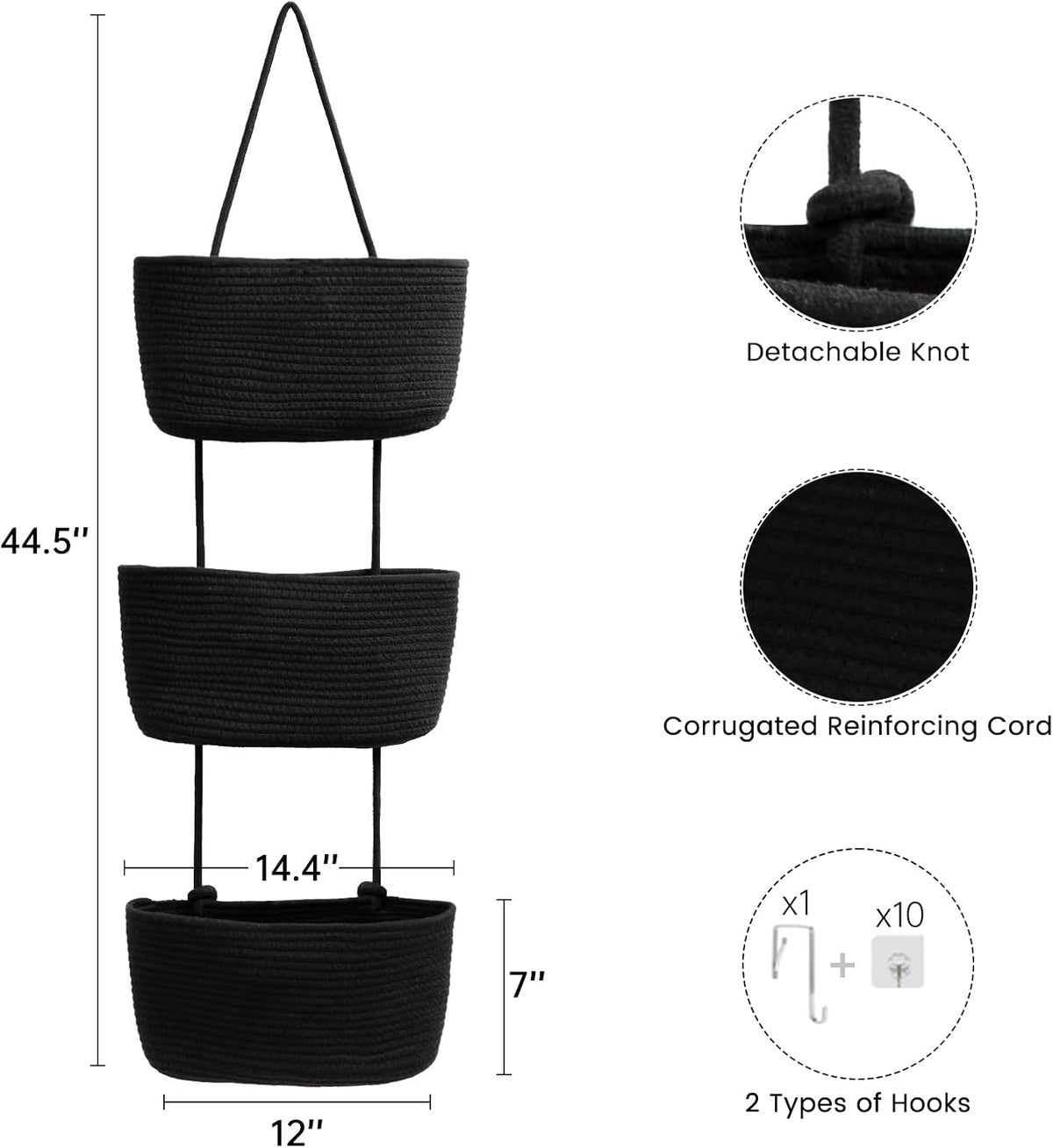 Over the Door Hanging Basket, 3-Tier Woven Cotton Wall-Mounted Storage Organizer Bag Decorative Hanging Nursery Baskets, Jute