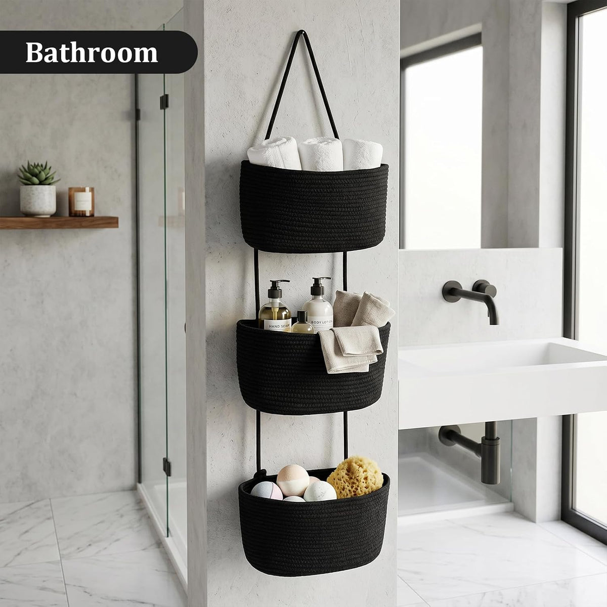Over the Door Hanging Basket, 3-Tier Woven Cotton Wall-Mounted Storage Organizer Bag Decorative Hanging Nursery Baskets, Jute