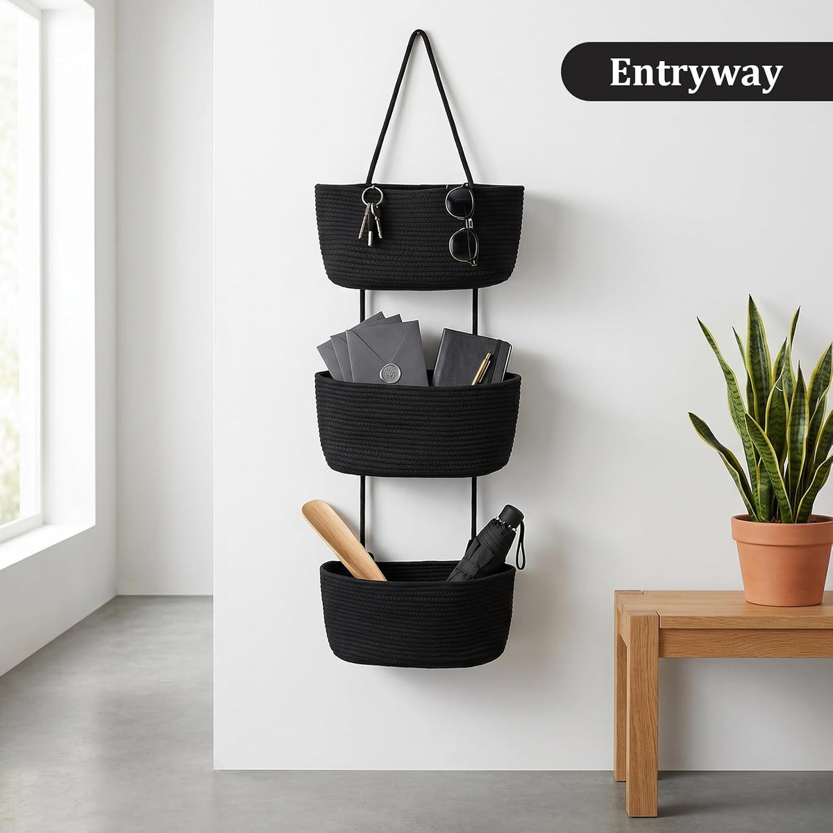 Over the Door Hanging Basket, 3-Tier Woven Cotton Wall-Mounted Storage Organizer Bag Decorative Hanging Nursery Baskets, Jute