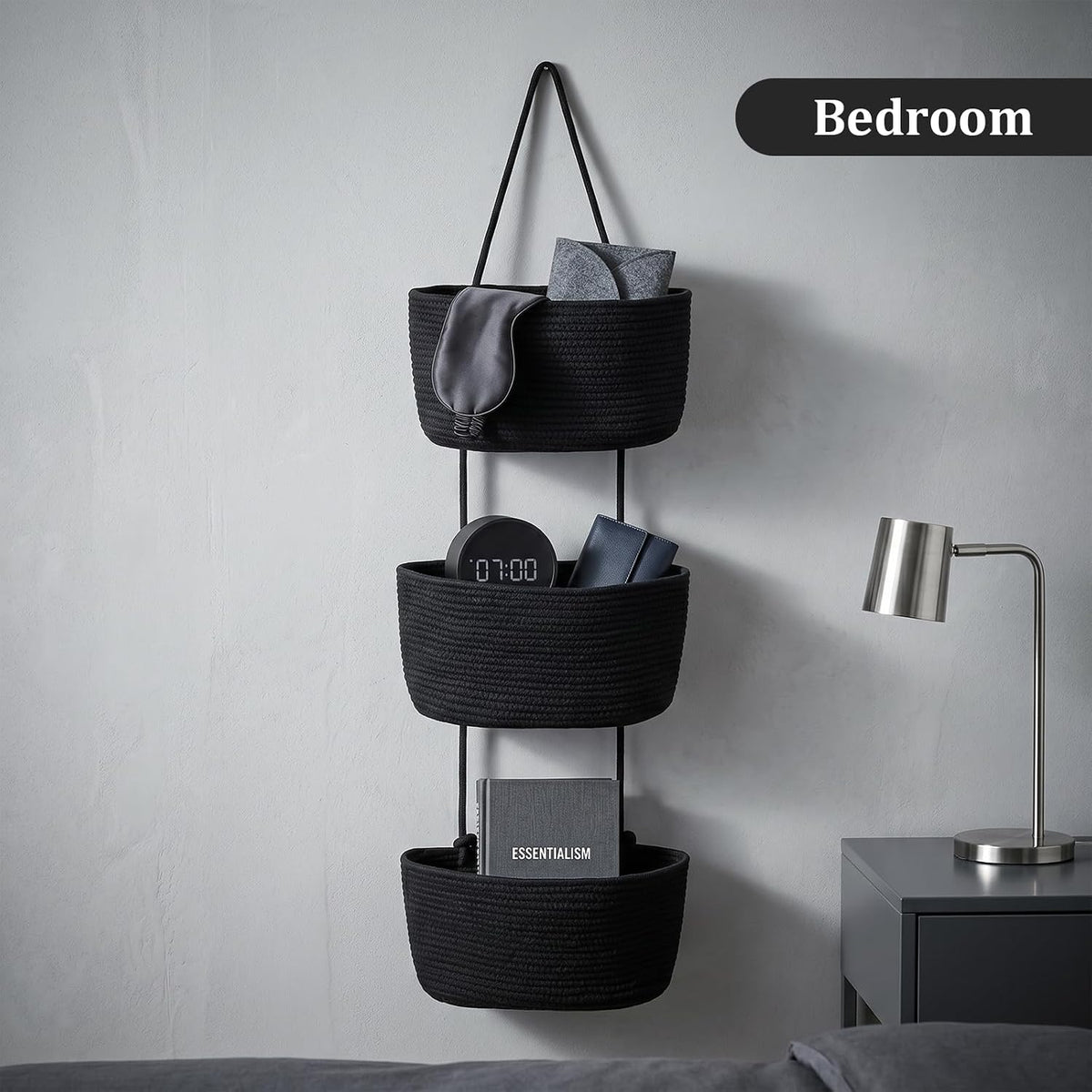 Over the Door Hanging Basket, 3-Tier Woven Cotton Wall-Mounted Storage Organizer Bag Decorative Hanging Nursery Baskets, Jute