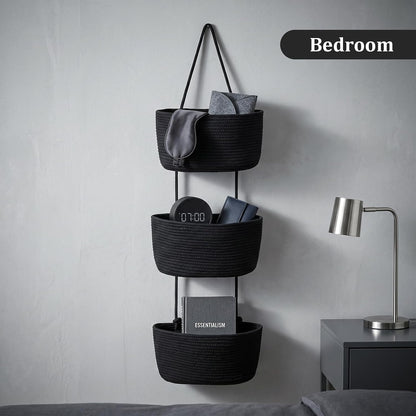 Over the Door Hanging Basket, 3-Tier Woven Cotton Wall-Mounted Storage Organizer Bag Decorative Hanging Nursery Baskets, Jute