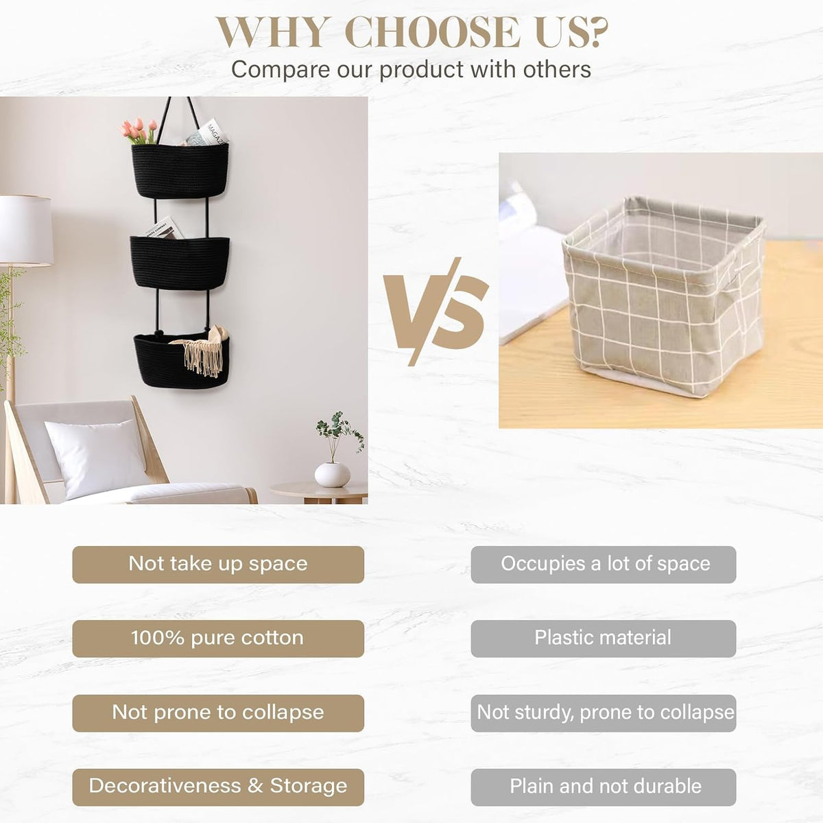 Over the Door Hanging Basket, 3-Tier Woven Cotton Wall-Mounted Storage Organizer Bag Decorative Hanging Nursery Baskets, Jute