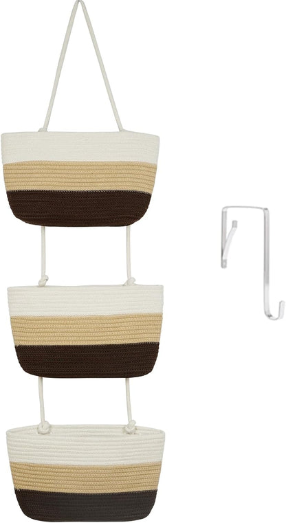 Over the Door Hanging Basket, 3-Tier Woven Cotton Wall-Mounted Storage Organizer Bag Decorative Hanging Nursery Baskets, Jute
