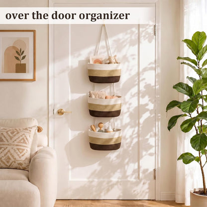 Over the Door Hanging Basket, 3-Tier Woven Cotton Wall-Mounted Storage Organizer Bag Decorative Hanging Nursery Baskets, Jute