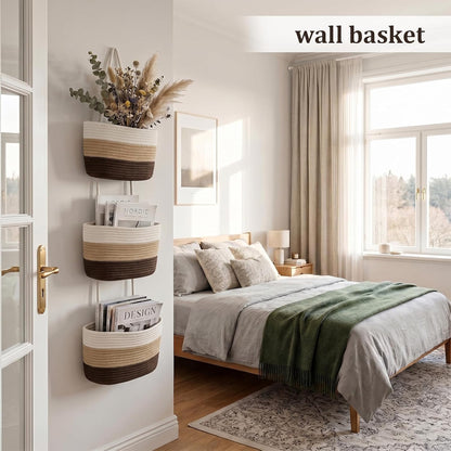 Over the Door Hanging Basket, 3-Tier Woven Cotton Wall-Mounted Storage Organizer Bag Decorative Hanging Nursery Baskets, Jute