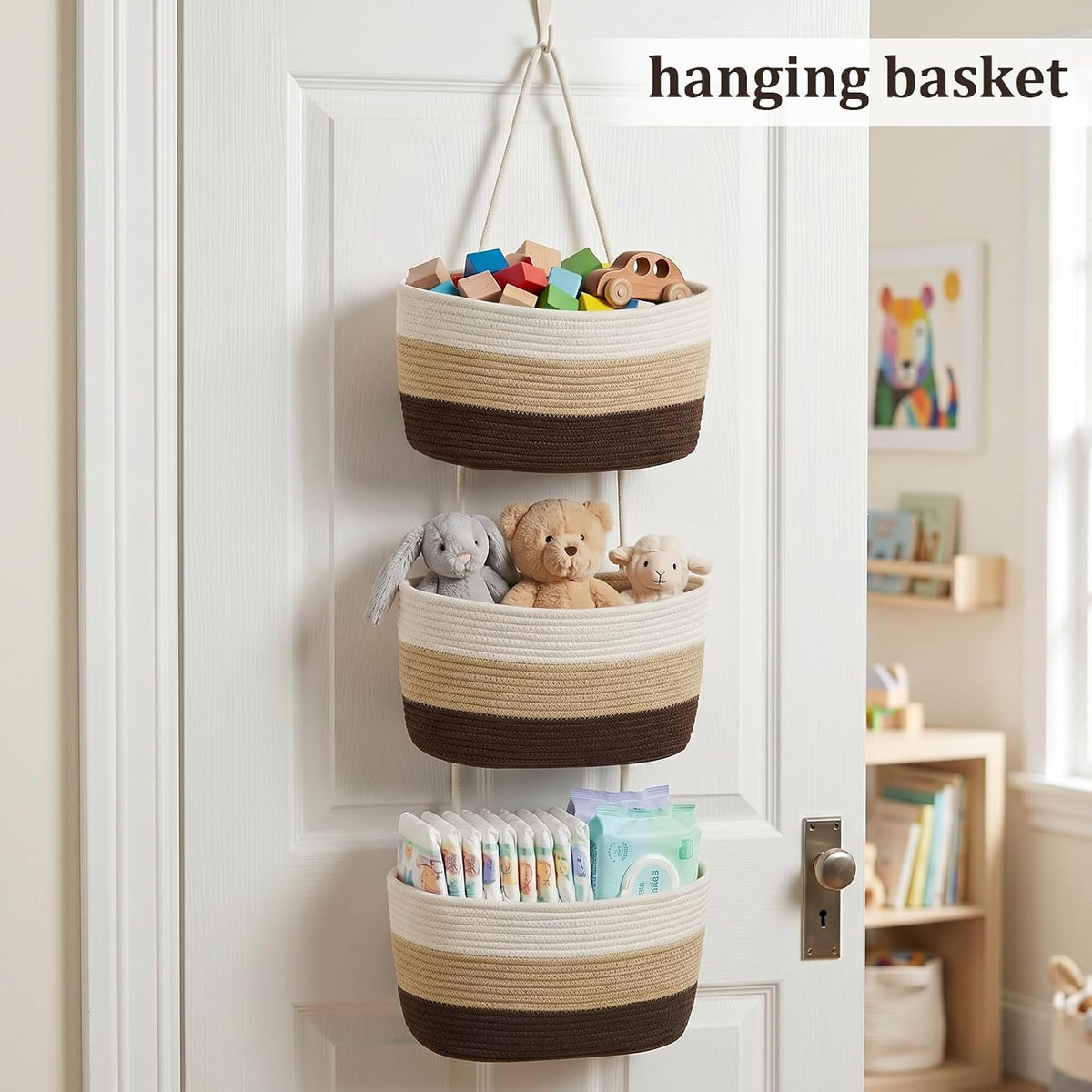 Over the Door Hanging Basket, 3-Tier Woven Cotton Wall-Mounted Storage Organizer Bag Decorative Hanging Nursery Baskets, Jute