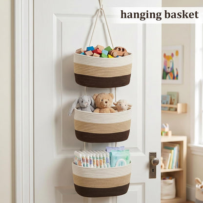 Over the Door Hanging Basket, 3-Tier Woven Cotton Wall-Mounted Storage Organizer Bag Decorative Hanging Nursery Baskets, Jute
