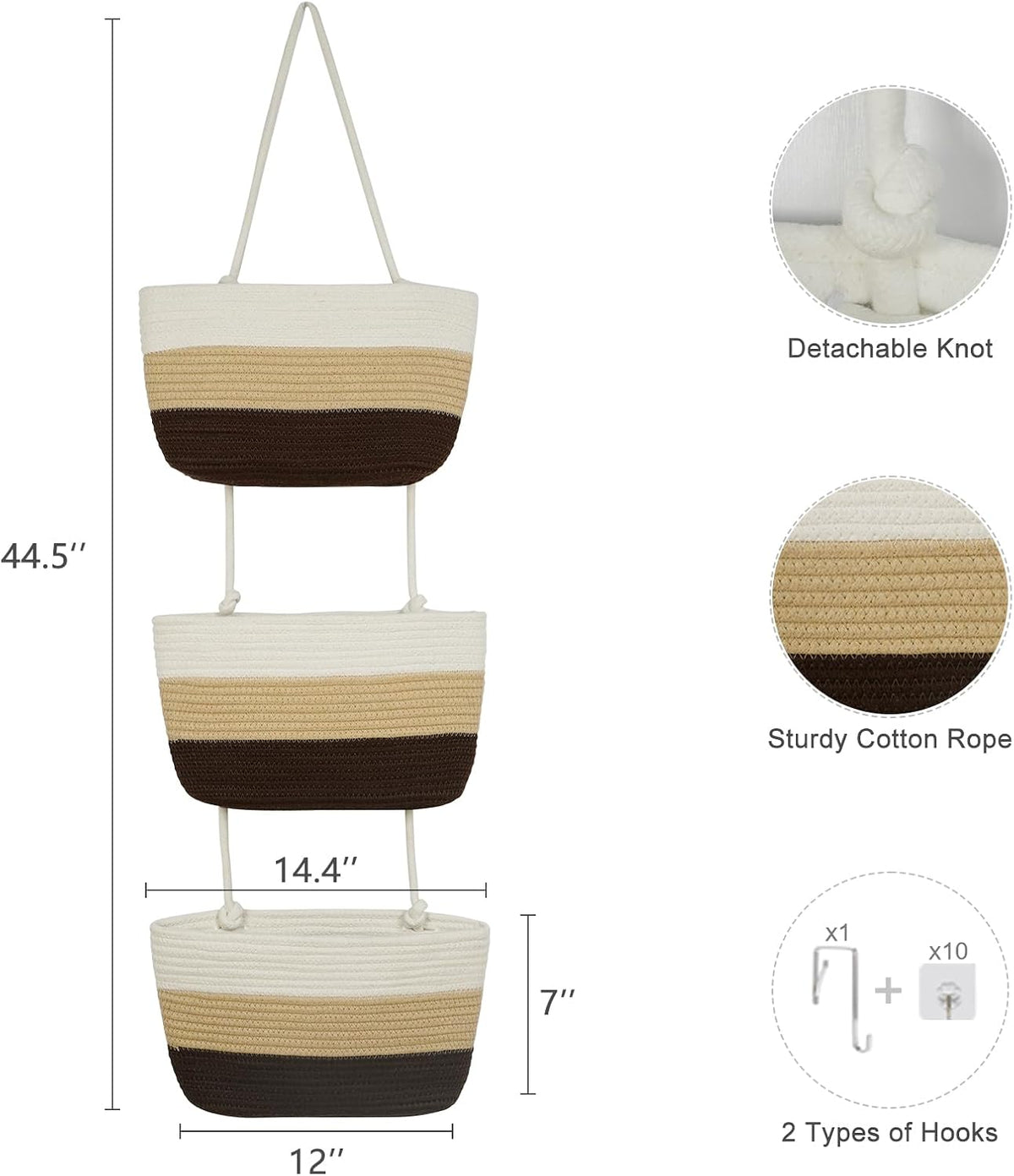 Over the Door Hanging Basket, 3-Tier Woven Cotton Wall-Mounted Storage Organizer Bag Decorative Hanging Nursery Baskets, Jute