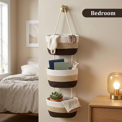 Over the Door Hanging Basket, 3-Tier Woven Cotton Wall-Mounted Storage Organizer Bag Decorative Hanging Nursery Baskets, Jute