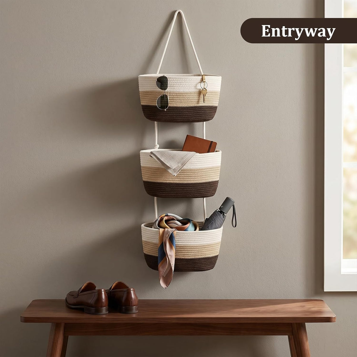 Over the Door Hanging Basket, 3-Tier Woven Cotton Wall-Mounted Storage Organizer Bag Decorative Hanging Nursery Baskets, Jute