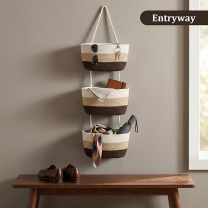 Over the Door Hanging Basket, 3-Tier Woven Cotton Wall-Mounted Storage Organizer Bag Decorative Hanging Nursery Baskets, Jute