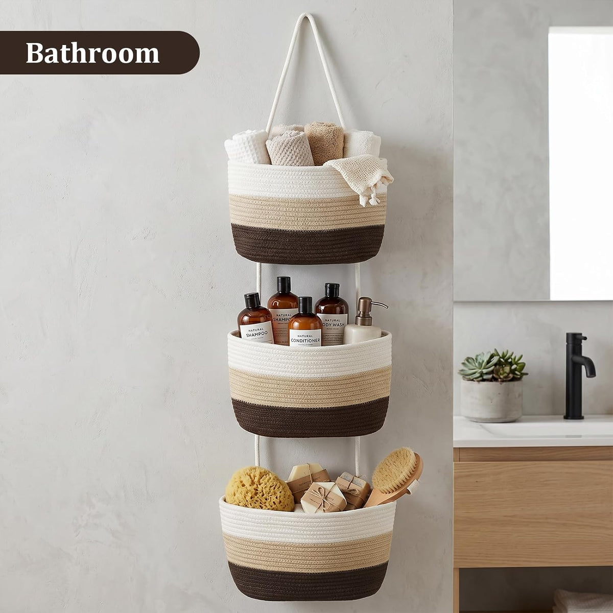 Over the Door Hanging Basket, 3-Tier Woven Cotton Wall-Mounted Storage Organizer Bag Decorative Hanging Nursery Baskets, Jute