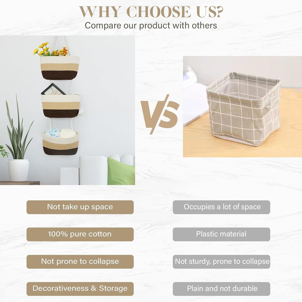 Over the Door Hanging Basket, 3-Tier Woven Cotton Wall-Mounted Storage Organizer Bag Decorative Hanging Nursery Baskets, Jute